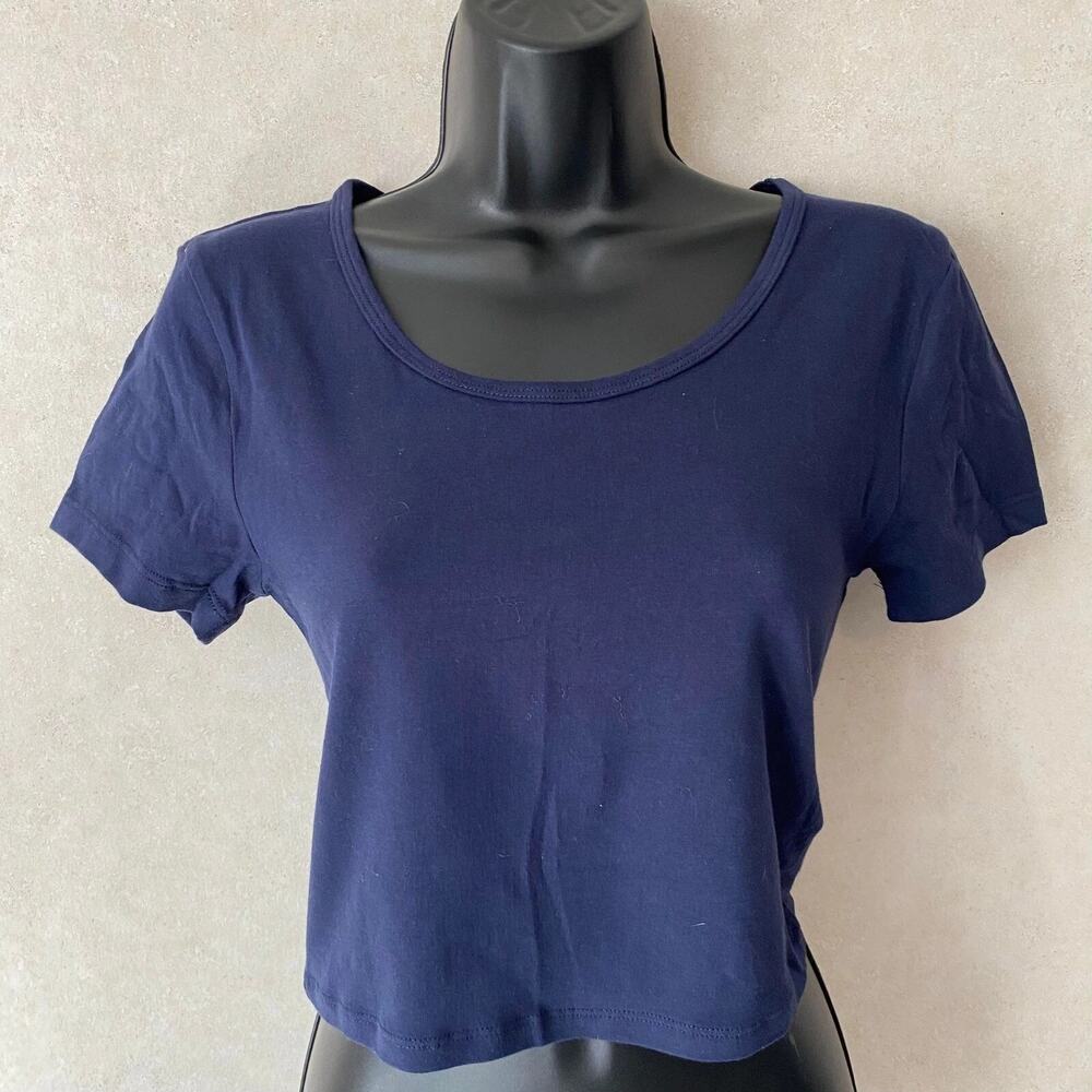 2 Zenana Outfitters‎ Scoop Neck Cropped Cotton Top Short Sleeve Blue & Brn Large - Picture 6 of 6